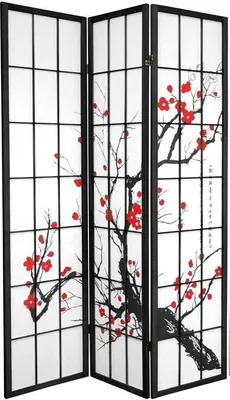 Obrázek produktu pro Fine Asianliving Japonský skládací paraván Shoji Fine Asianliving Japonský skládací paraván Š135xV180cm 3-dílný třešňový květ černý rozdělovač místností Španělská stěna Soukromí paraván Dělící stěna -