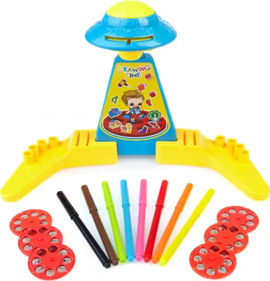 A toy projector for drawing, with markers and projection discs.