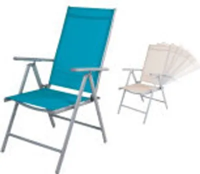 Two folding chairs are shown against a white background. The chair in the foreground is turquoise, and the chair in the background is beige and appears to be in motion.