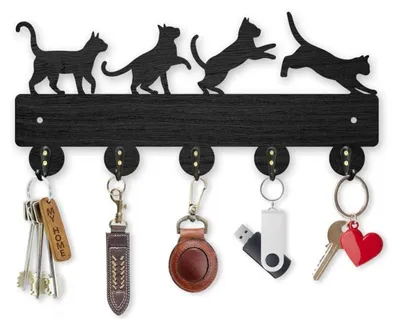 Image de Crochets de suspension en bois avec 5 crochets, adhésifs, dimensions 30x13,6 cm, motif chat