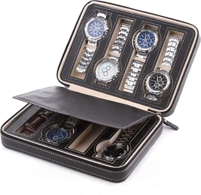 Immagine prodotto di Astuccio per 8 orologi, scatola per orologi in ecopelle con cerniera, astuccio da viaggio per orologi, valigetta per orologi da portare in giro, cofanetto per orologi con rivestimento interno in velluto, portaorologi nero per 8 orologi
