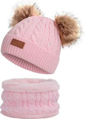 Produktbild von Baby Mütze Schal Set Mädchen Jungen Warm Fellbommel Beanie Hüte