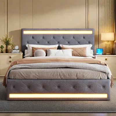 Image de INONEFT, lit capitonné 140x190 cm, lit à lattes moderne avec LED et ports USB, lit pour adolescents avec 4 tiroirs de rangement, sans matelas, tissu lin gris foncé