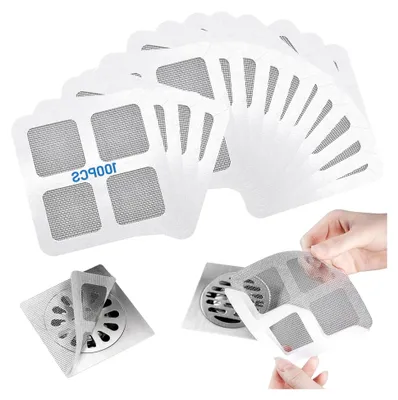 Produktbild von 100 Stück Haarsieb Dusche, 10×10 cm Selbstklebender Duschabfluss Haarfänger, Feinmaschiges Abflusssieb Dusche Haare, Einweg Abflussnetz für Dusche, Badewanne & Küche, Gegen Verstopfung