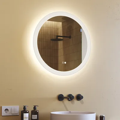 Zdjęcie produktu dla Okrągłe lustro łazienkowe z oświetleniem LED o średnicy 60cm, okrągłe lustro ścienne z włącznikiem dotykowym, matą grzewczą, regulowana barwa światła 3000K-6500K, podświetlane lustro ścienne lustro świetlne lustro łazienkowe