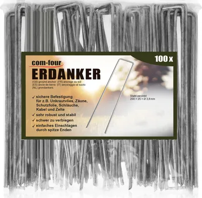 Produktbild von com-four® 100x Erdanker 200x25x3,8mm aus beschichtetem Stahl - robuste Erdnägel zur Befestigung von Unkrautvlies und Folien - Bodenanker für Garten und Camping - eckig