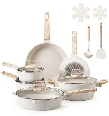 Produktbild von VEVOR 17-teiliges Töpfe und Pfannen Set Antihaft, Granit Kochgeschirr Set, Induktionskochgeschirr, Küchen RV Kochsets mit Bratpfanne, Soßentopf, Sautierpfanne, gehärteten Glasdeckeln und Pfannenschonern, Schwarz, Weiß-a
