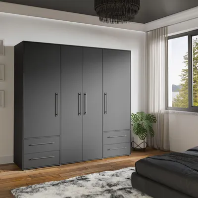 Produktbild von Forte MOKKARIS MKSS841-Z13 Kleiderschrank 4-türig, matt schwarz, mit 4 Schubladen
