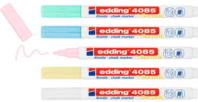 A set of five Edding chalk markers in pastel colors, arranged vertically.