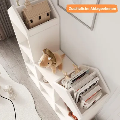 Produktbild von 91x30x107cm,Kinderregal mit 7 Fächern,Burgdesign Spielzeugtruhe,Bücherregal Kinder,Standregal für Spielzeug und Bücher