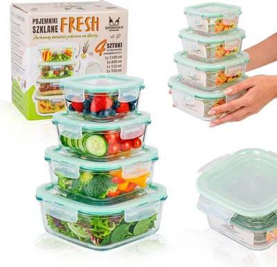 Zdjęcie produktu dla SUPERBUTELKI - 4 szt. Hermetyczne pojemniki szklane kwadratowe do przechowywania żywności, obiadów, deserów, sałatek - Pojemnik do lodówki, zamrażarki, piekarnika