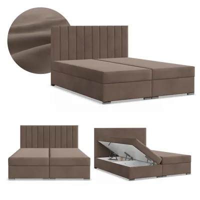 Produktbild von Boxspringbett 140x200 mit 2 Bettkästen, Kontinentales Bett mit Bonell Matratze, Polsterbett, Doppelbett mit Kopfteil, Samtstoff, Braun, AGEN 140 x 200