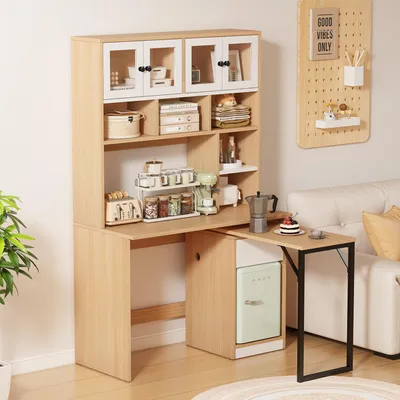 Image de Merax Bureau avec armoire haute, table pivotante et portes en acrylique, table d'ordinateur, armoires de cuisine, pour salle à manger, salon, bureau, naturel