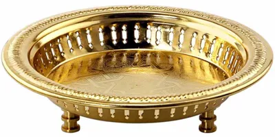 Image de Plateau rond oriental en métal Juman, 27 cm, doré | Coupe décorative orientale à bord haut | Plateau de service rond marocain | Décoration orientale dorée pour la table dressée