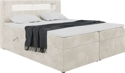 Produktbild von MEBLINI Boxspringbett mit Bettkasten - Bett mit LED Kopfteil - Gepolstert Doppelbett mit Matratze und Topper - Polsterbett mit Stauraum - Stauraumbett - ASPIN - 180x200 - H3/Creme Samt