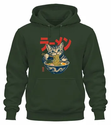 Productafbeelding van Ramen Katze, Japanse stijl, Kawaii, Anime, Japan, Y2K, Manga, Otaku, Hoodie, Kapuzenpullover, Flesgroen, Maat L