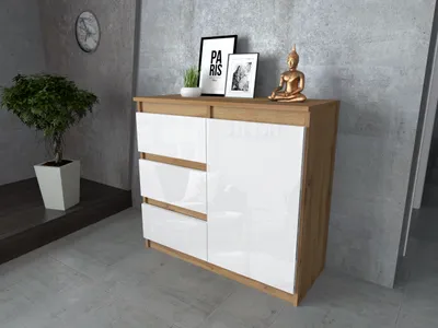 Zdjęcie produktu dla AZ team ® Komoda z Szufladami WOTAN BIAŁY POŁYSK Pojemna Szafka 80 cm Meble do Salonu i Sypialni 1 drzwi 3 szuflady