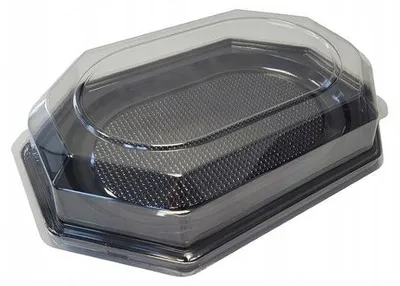 A clear, studio shot of a black and clear plastic catering tray with a clear lid.