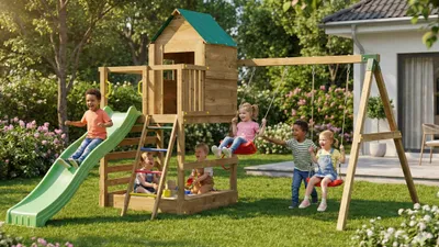 Produktbild von Fungoo Spielturm "Jarcas 4" KDI mit Doppelschaukel, Rutsche, Sandkasten, Holzdach und Leiter