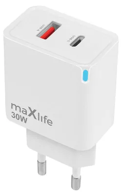 Zdjęcie produktu dla Maxlife Ładowarka Sieciowa Gan Pd Qc Mxtc-09-30Ac 1X Usb-C 1X Usb 30W Biała