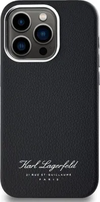 A black leather phone case with the Karl Lagerfeld logo and address printed on it.