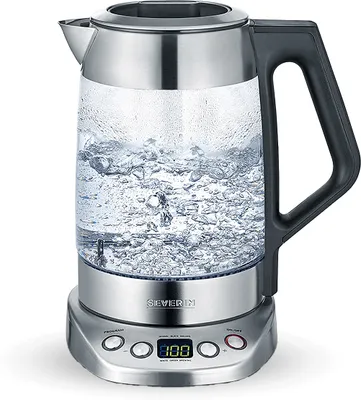 Produktbild von Teekocher Wasserkocher elektrisch SEVERIN WK 3479 Deluxe 1,7 L 3000 W Glas WK 3479 aus Edelstahl, gebürstetschwarzsilber Wasserkocher Wasserkocher Mit Temperatureinstellung Wasserkocher Edelstahl Wasserkocher Glas