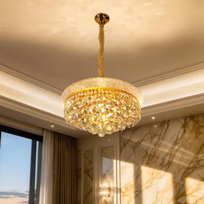 Image de Lustre en cristal Vrygle Ø 46 cm, style vintage doré, suspension avec 6 douilles E14, hauteur réglable, luminaire de plafond pour couloir, cuisine, salle à manger