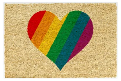 Produktbild von Regenbogen-Herz-Fußmatte, rutschfeste PVC-Unterseite, bunt – natürliche Kokosfaser – für Innen- und Außenbereich