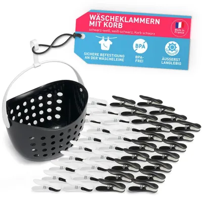 Produktbild von Wäscheklammern mit Korb – stabile Wäscheklammern mit Korb – Wäscheklammern mit Beutel – weiche, unmarkierte Klammern – 40 Stück – schwarz-weiß mit schwarzem Korb