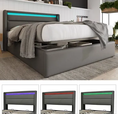 Produktbild von STILVORA Boxspringbett Polsterbett 160 x 200 cm Hydraulisches Stauraumbett mit Bettkasten & LED-Beleuchtung,PU,Grau(ohne Matratze)