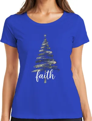 Produktbild von Weihnachtsbaum Faith christlich Glitzer Silber Schwarz Script Damen T-Shirt, Blau, L