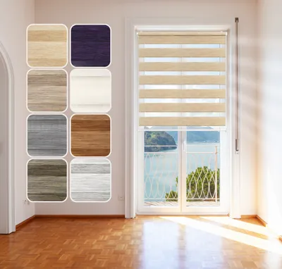 A collage of fabric samples next to a window with a roller blind installed.