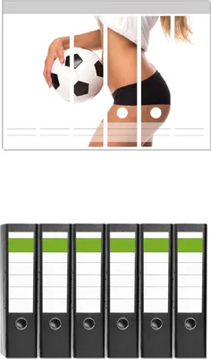 Produktbild von Wallario 6 Stück breite Ordner inkl. Klebeetiketten mit Motive Fußball - sexy Frau mit einem Fußball -  Set mit Rückenschildern / Ordnerrücken Stickern