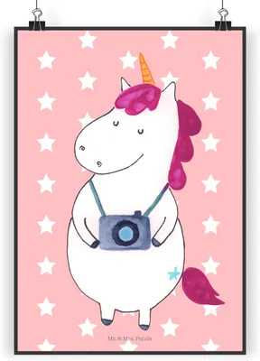 Produktbild von Mr. & Mrs. Panda Bild Einhorn Fotograf DIN A3 - Rot Pastell - Geschenk, Kamera, Unicorn, wanddeko, Plakat, Urlaub, Reise, Kunstdruck, Wandbild, drucke