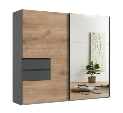 Produktbild von Schwebetürenschrank Kleiderschrank 250 cm Spiegel Schubladen Grafit, Eiche Nachbildung / 22051