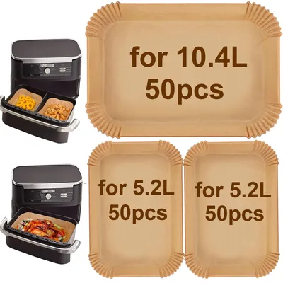 Produktbild von 150 Stück Backpapier für die Ninja Flex Dual Zone Airfryer AF500EU AF500EUCP 10,4L, auch kompatibel mit der COSORI XXL 10L und der Cecotec 9000; 100 Stück Backpapier für die 5,2L Airfryer.