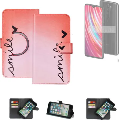Produktbild von K-S-Trade Schutzhülle Handyhülle kompatibel mit Xiaomi Note 8 Pro Hülle cover bookstyle Etui ''smile'' rot Standfunktion Kameraschutz (1Stk)