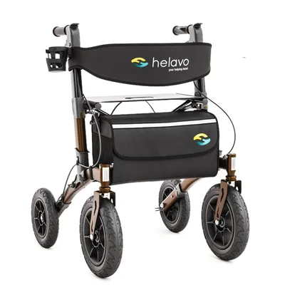 Produktbild von Helavo Rollator mit Pannensicheren Vollgummireifen für Draußen - Faltbarer Aluminium Outdoor-Rollator mit Sitz, Braun