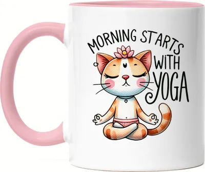 Produktbild von Morning Starts with Yoga Tasse Rosa Geschenkidee für Yoga-Fans und Katzenliebhaber