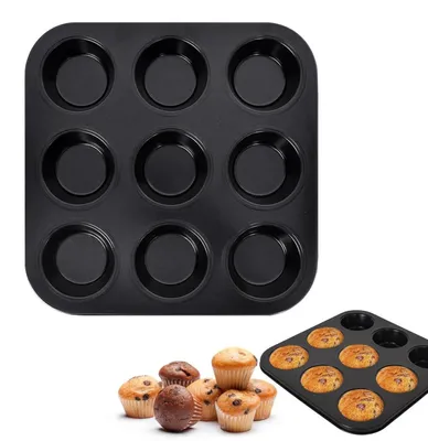 Productafbeelding van Muffinbakvorm, set van 9, koolstofstaal, antiaanbaklaag, 27x27x3 cm, rond