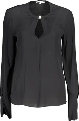Produktbild von Elegante Damenbluse Schwarz – Lange Ärmel, Rundhals, Kontrastdetails