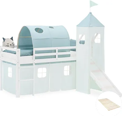 Image de Lit superposé 90x200 cm avec Toboggan Sommier Lit mezzanine en Bois Pin Massif Lit d'enfant Rideau Tour Tunnel Vert