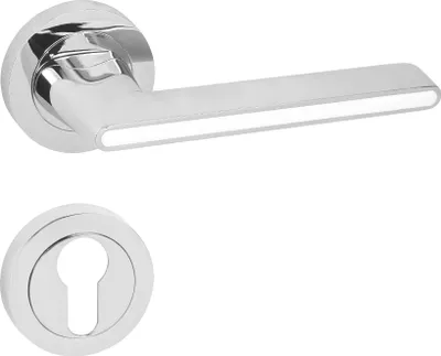 Produktbild von DOMINO Türgriff Drückergarnitur PZ-Profilzylinder Set | Rund-Rosette | Türklinke für Bürotür, Kellertür & Innentür | Türbeschläge aus Znal | Chrom/Weiß Türdrückergarnitur | ONYKS-R M6/WEIß