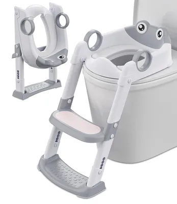 Produktbild von Newiner Kindertoilettensitz mit Treppe, weiß/grau, PP, höhenverstellbar, klappbar, gepolstert, spritzwassergeschützt, rutschfeste Fußstütze, Rückenlehne, für Jungen & Mädchen, Töpfchentraining, bis 70 kg, passend für runde & gerippte Toiletten (V, U, O-Form)