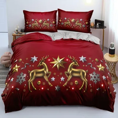 Produktbild von Bettwäsche-Set 200x200 cm 3-teilig Grau Rot Weihnachten Sterne Rentier Mikrofaser mit Kissenbezügen 80x80 cm