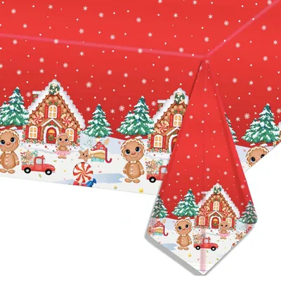 Obrázek produktu pro Vánoční jednorázová ubruska, červená, obdélníková, rozměry 137x274 cm, motiv: Santa Claus, Sněhulák