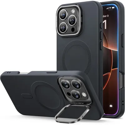 Image de Coque en silicone avec support pour iPhone 16 Pro Max, compatible MagSafe, noire