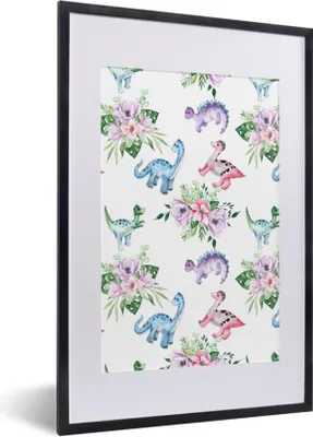 Produktbild von MuchoWow® Gerahmtes Poster Kinderzimmer - Farben - Dinosaurier - Kinder - Rosa - Kinder 40x60 cm - Poster mit Schwarzem Bilderrahmen Wandposter Rahmen Foto Bilder - Poster in Rahmen