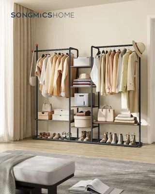 Produktbild von Offener Kleiderschrank - Kleiderständer - 6 Ablagen - 2 Kleiderstangen - Haken - Freistehend - Schwarz