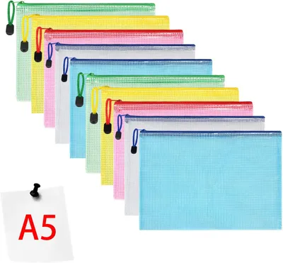 Produktbild von 10Pcs Dokumententasche A5 Zipper Wallet Taschen Kunststoff Mesh Dokumentenmappen für Kosmetik Bürobedarf Zubehör Mischfarben